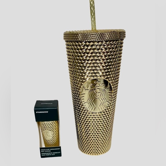 Starbucks Gold Holiday Studded Vente Cold Tumbler and Ornament / Key Chain 2022 - Picture 1 of 5